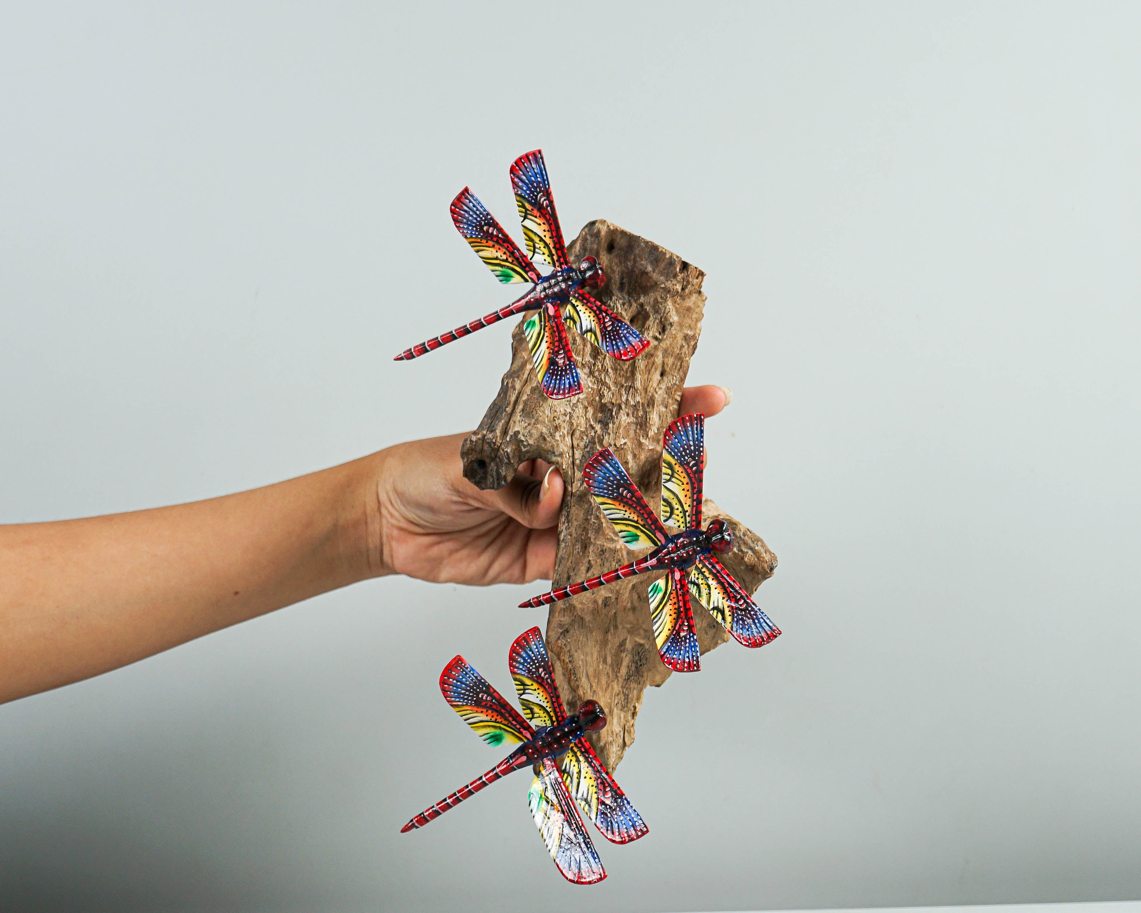 Hanging Red Dragonflies Sculpture, Wall Decor, Colorful Art, Unique, Wood Carving, Beautiful Figurine, Interior Decoration, Gift for Sister