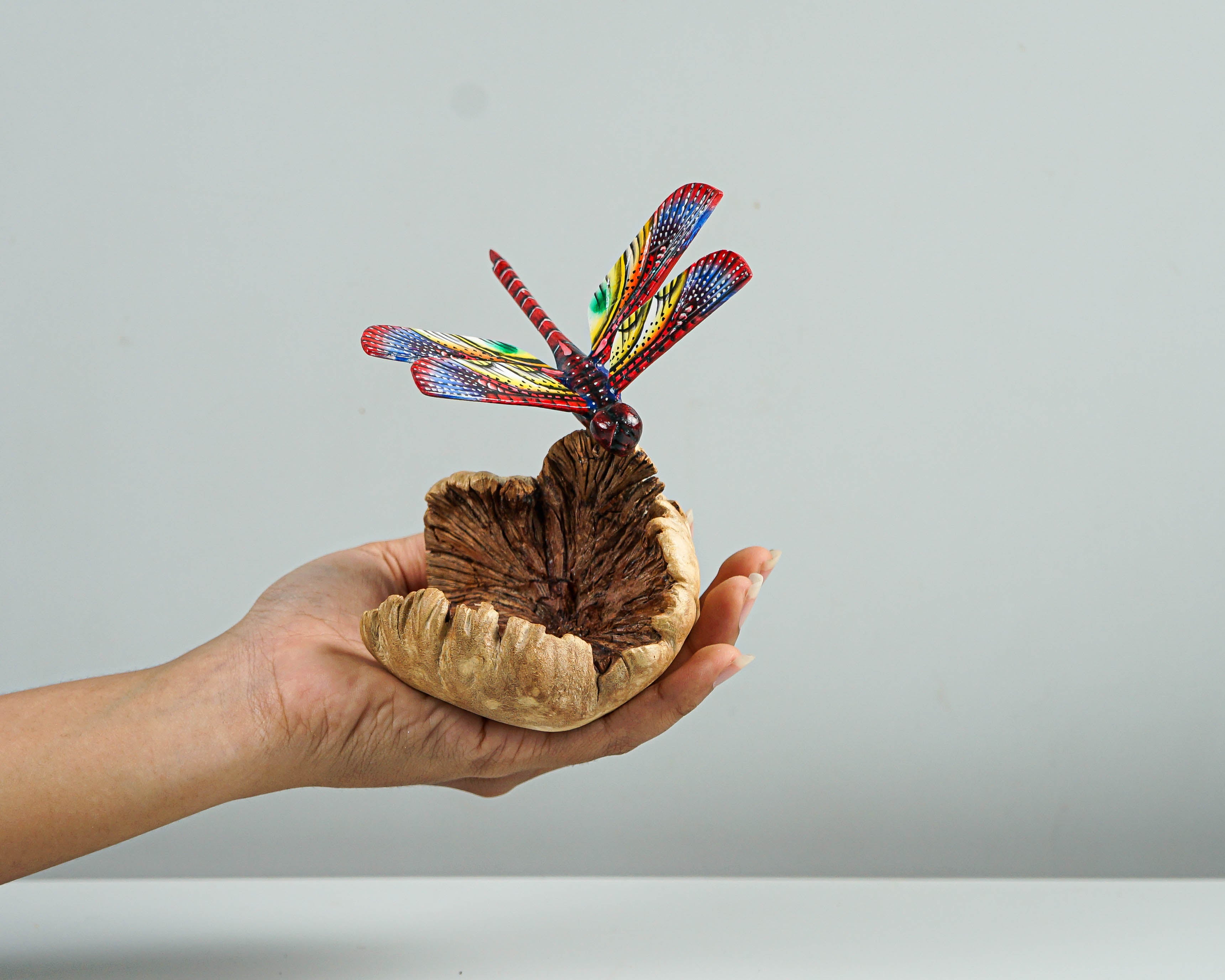 Dragonfly On Flower, Colored Dragonfly, Red Dragonfly Statue, Handcrafted, Tropical Decor, Wood Figurine, Unique Sculpture, Gift for Her