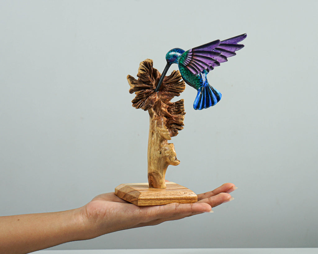 Green Hummingbird Statue, Blue, Personalized, Painted Sculpture, Wood Carving Figure, Bird Statue, Colibri, Home Decor, Gift for Mother