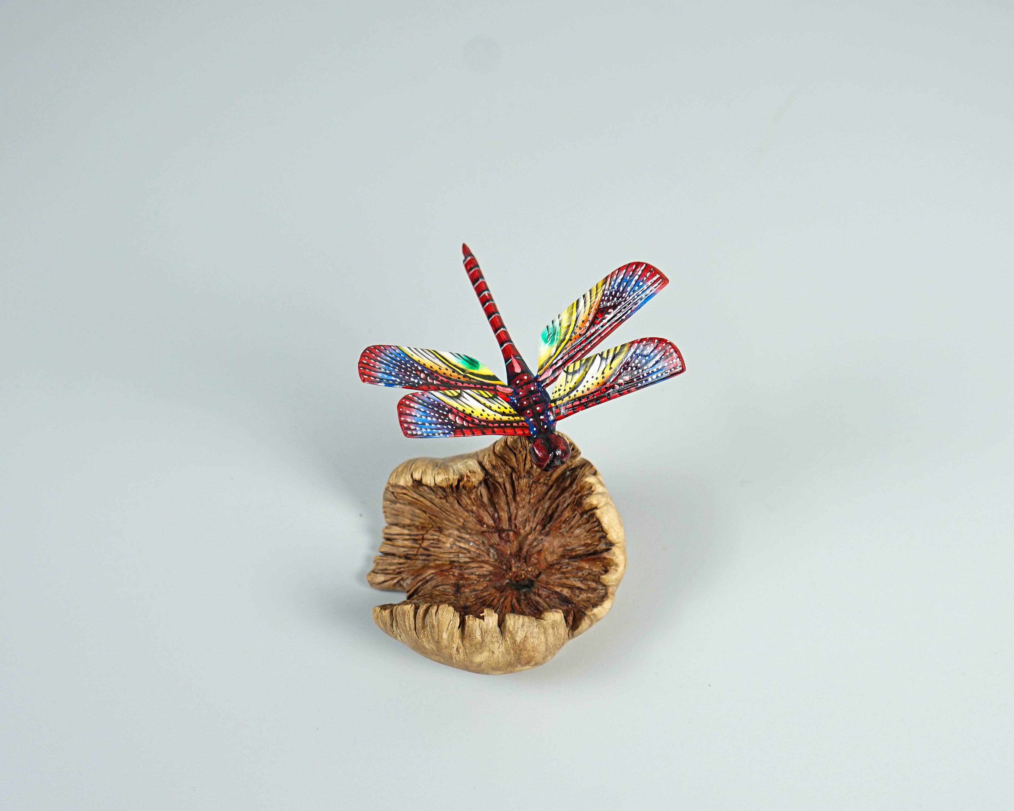 Dragonfly On Flower, Colored Dragonfly, Red Dragonfly Statue, Handcrafted, Tropical Decor, Wood Figurine, Unique Sculpture, Gift for Her