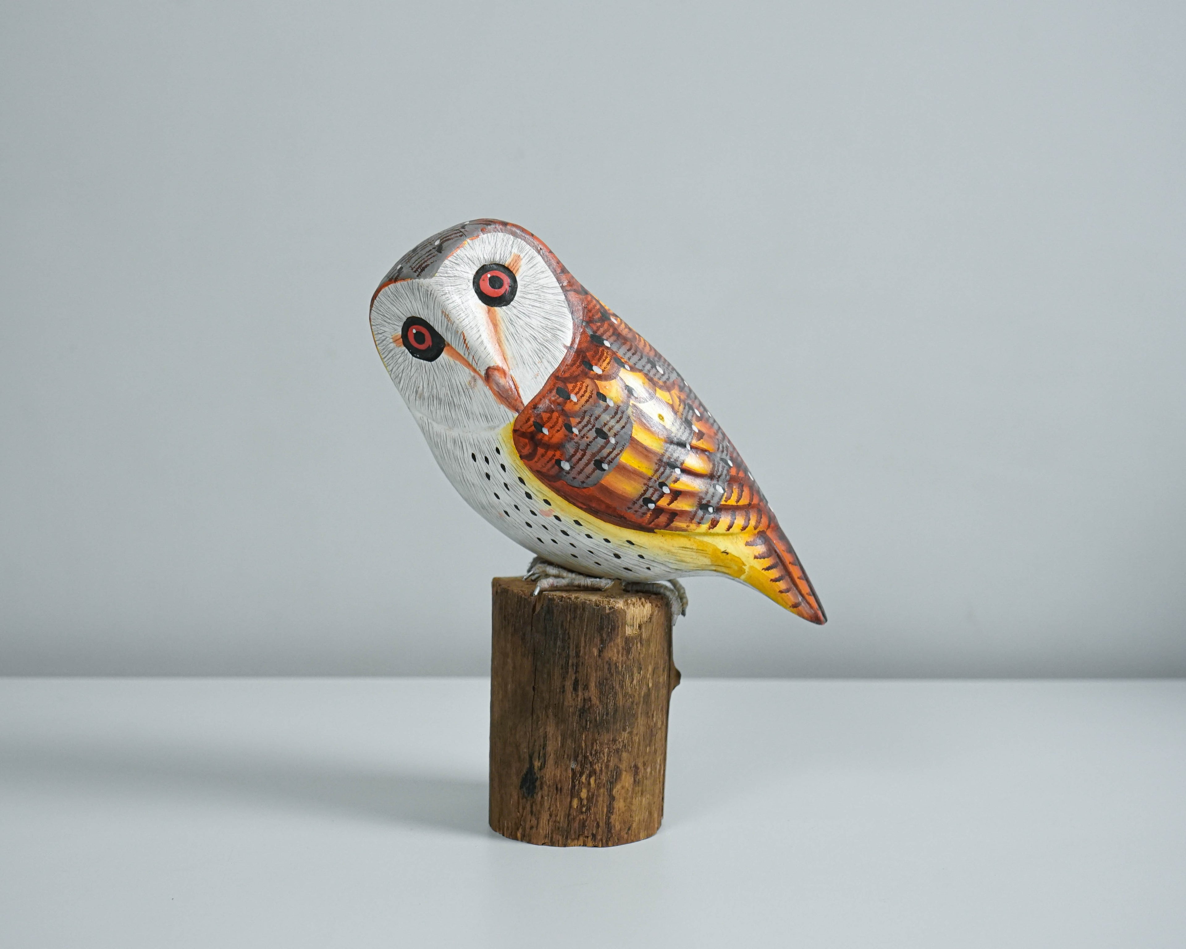 Barn Owl on Tree Wooden Figurine, Unique Sculpture, Colorful Art, Bird Ornament, Handcrafted Decor, Tropical, Office Decor, Gift for Him
