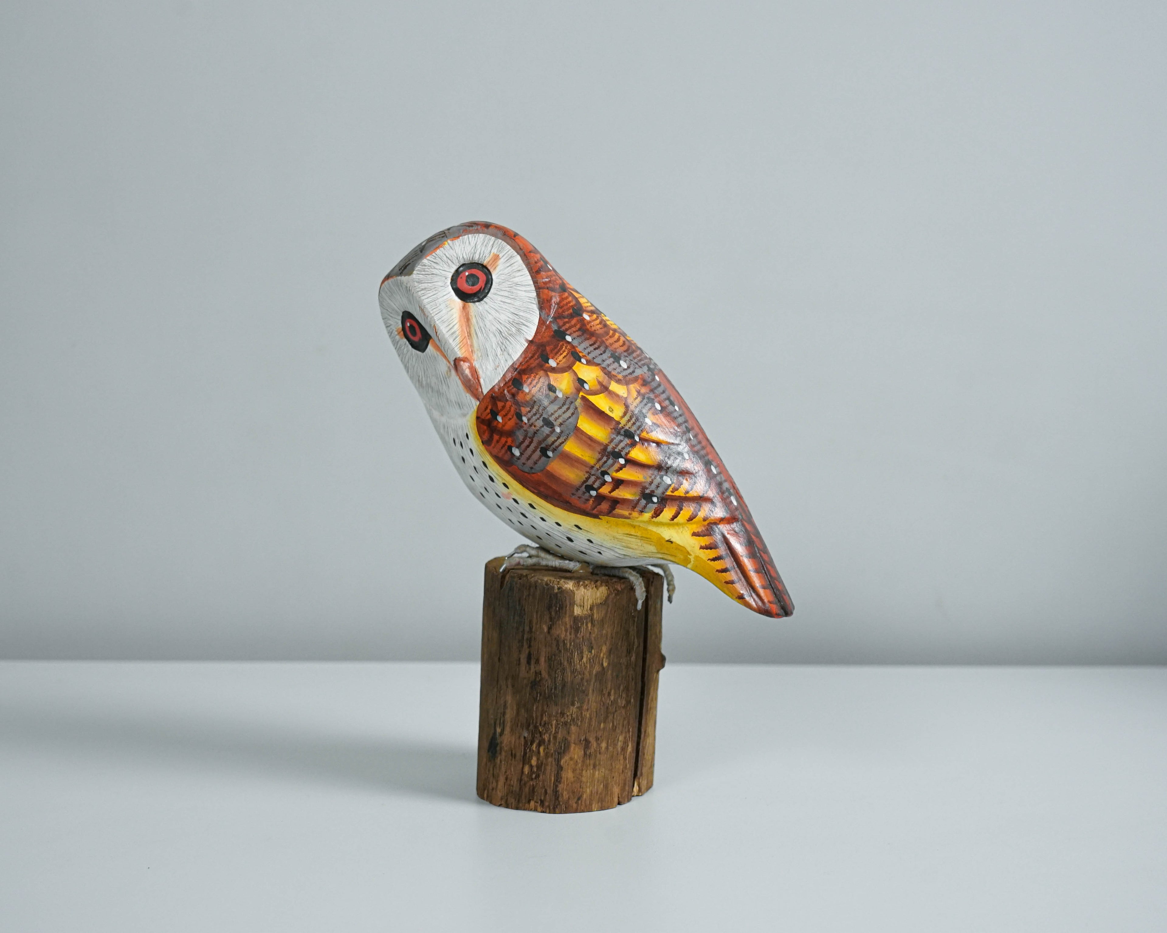 Barn Owl on Tree Wooden Figurine, Unique Sculpture, Colorful Art, Bird Ornament, Handcrafted Decor, Tropical, Office Decor, Gift for Him