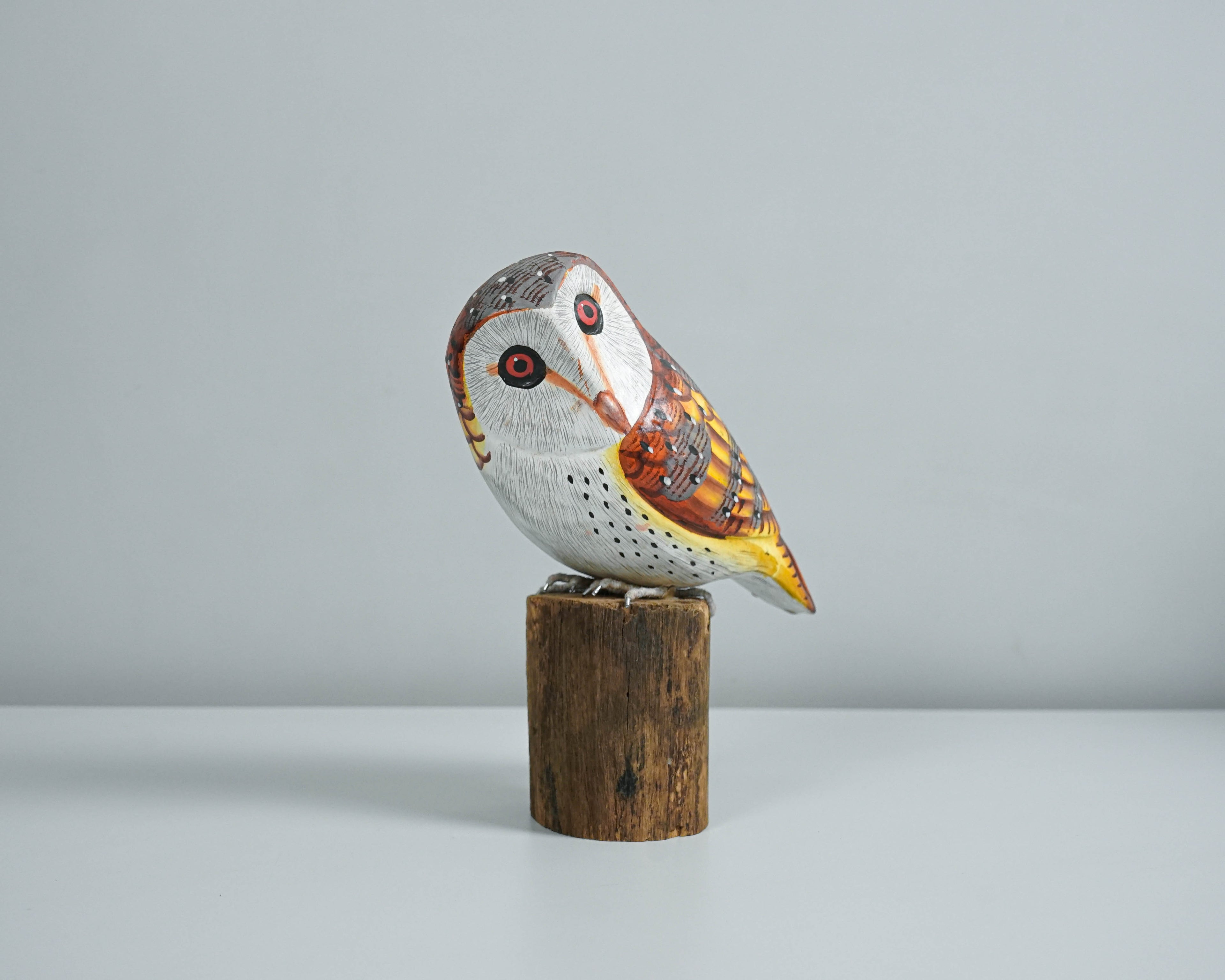Barn Owl on Tree Wooden Figurine, Unique Sculpture, Colorful Art, Bird Ornament, Handcrafted Decor, Tropical, Office Decor, Gift for Him