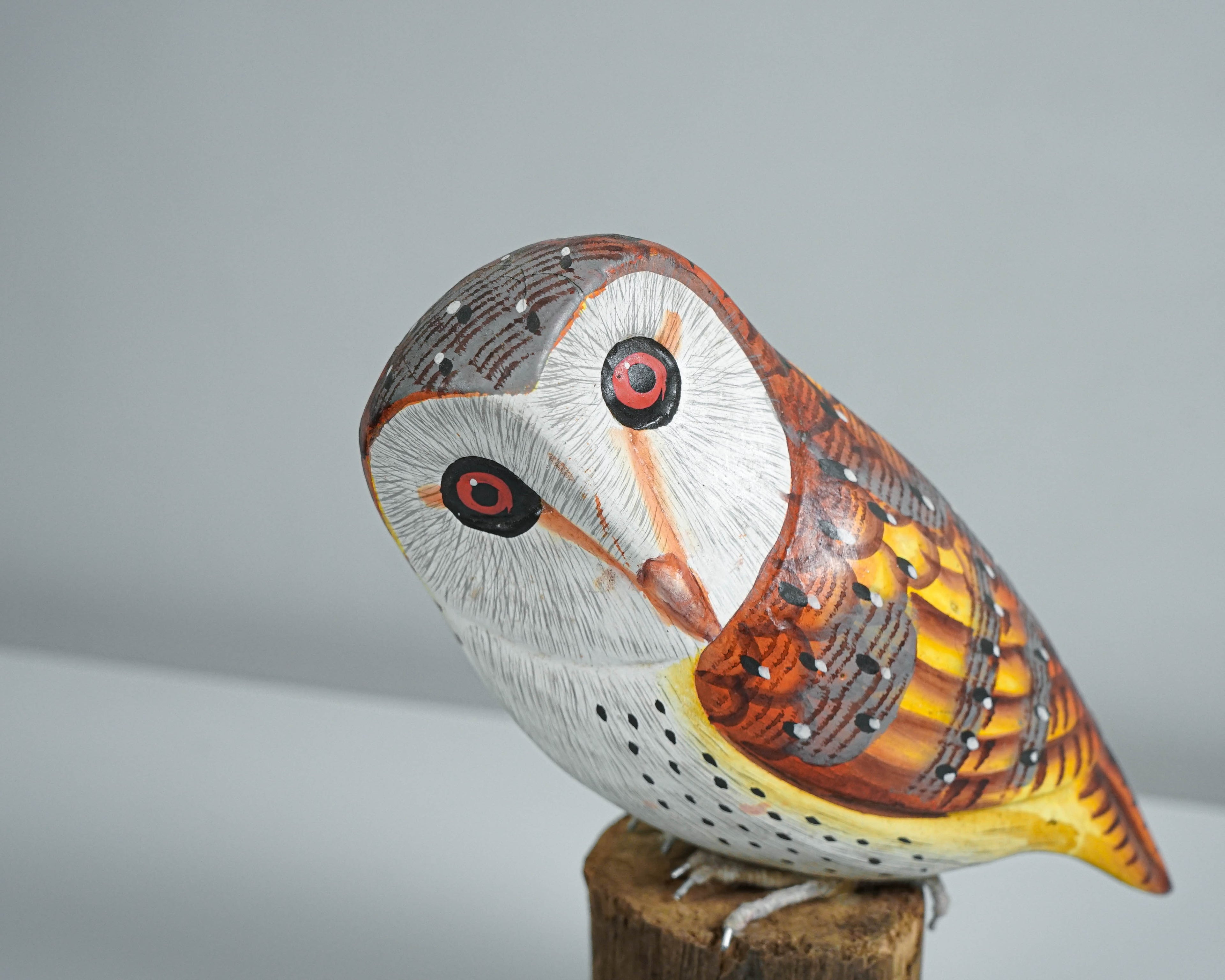 Barn Owl on Tree Wooden Figurine, Unique Sculpture, Colorful Art, Bird Ornament, Handcrafted Decor, Tropical, Office Decor, Gift for Him