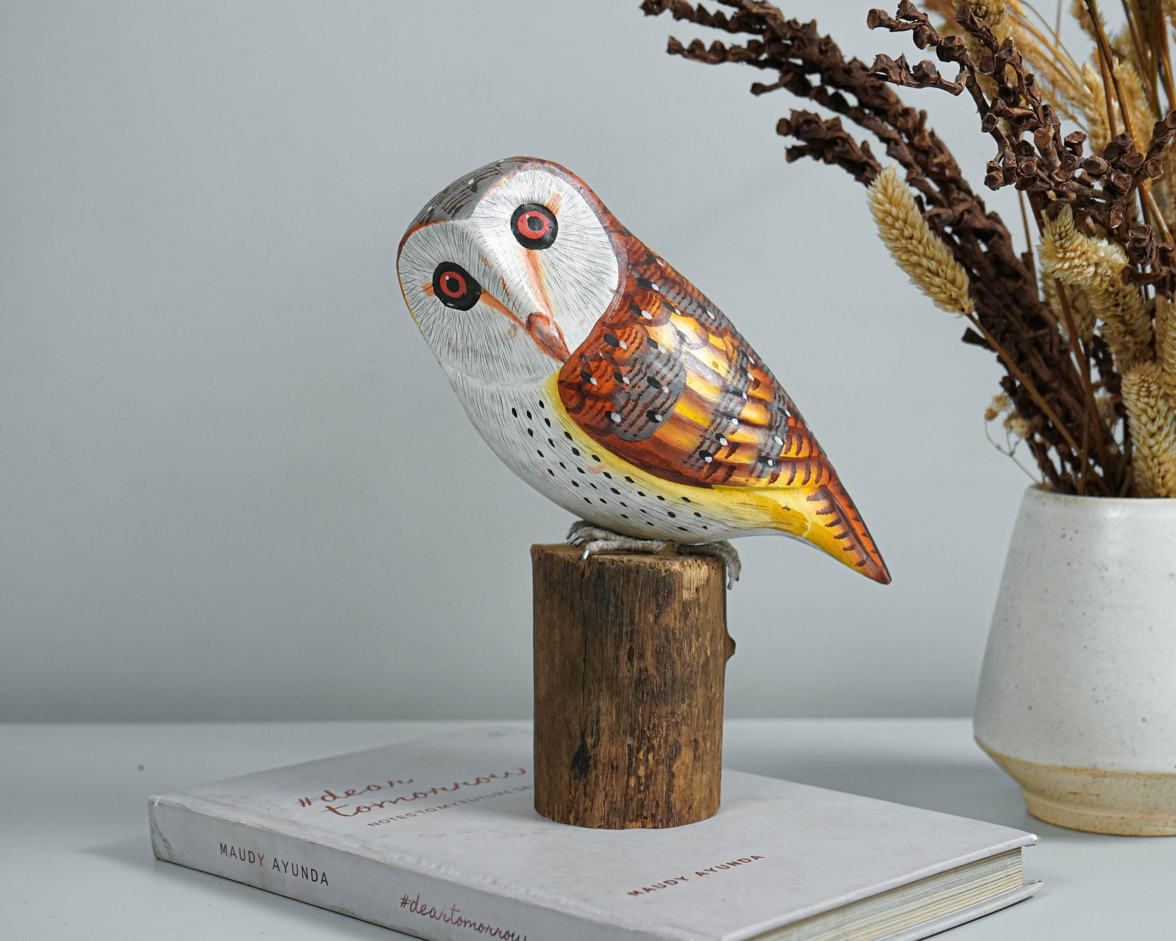 Barn Owl on Tree Wooden Figurine, Unique Sculpture, Colorful Art, Bird Ornament, Handcrafted Decor, Tropical, Office Decor, Gift for Him