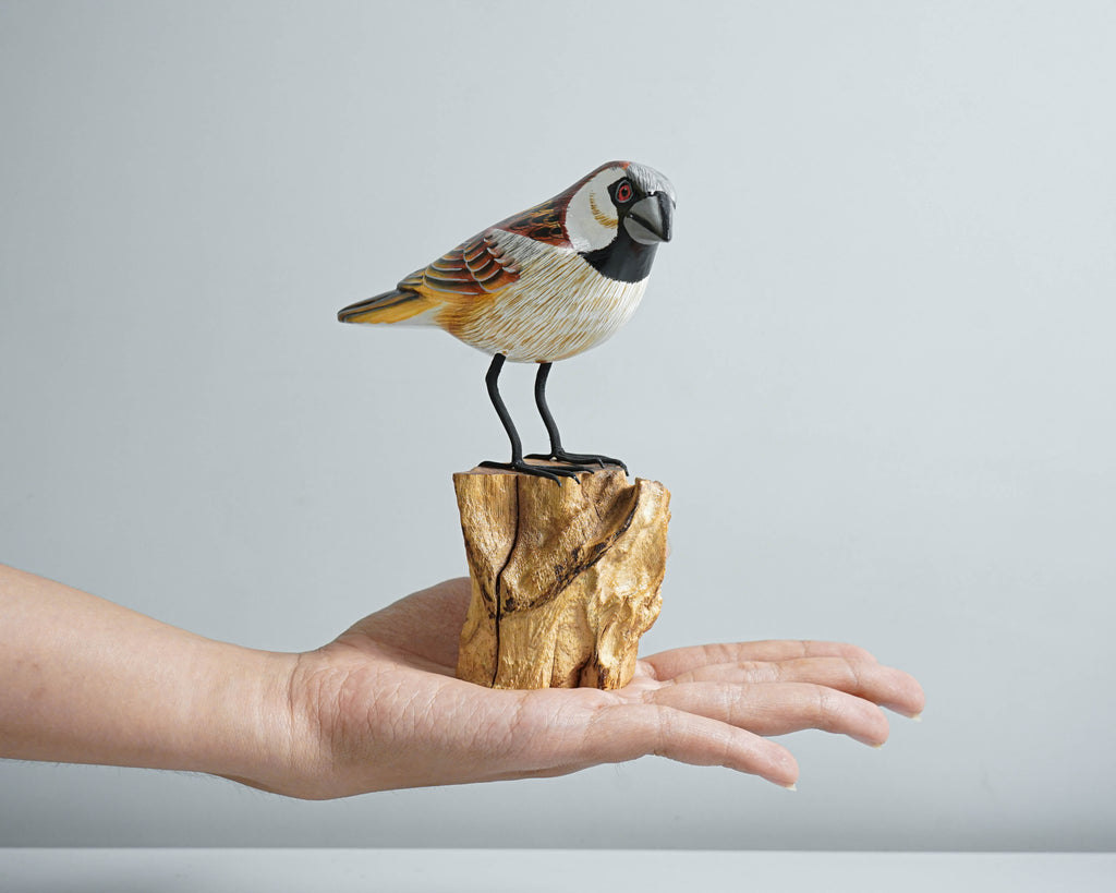 Sparrow Sculpture, Bird Statue, Painted Wood Carving, Unique Sculpture, Animal ornament, Room Decoration, Housewarming Gift, Gift for Him