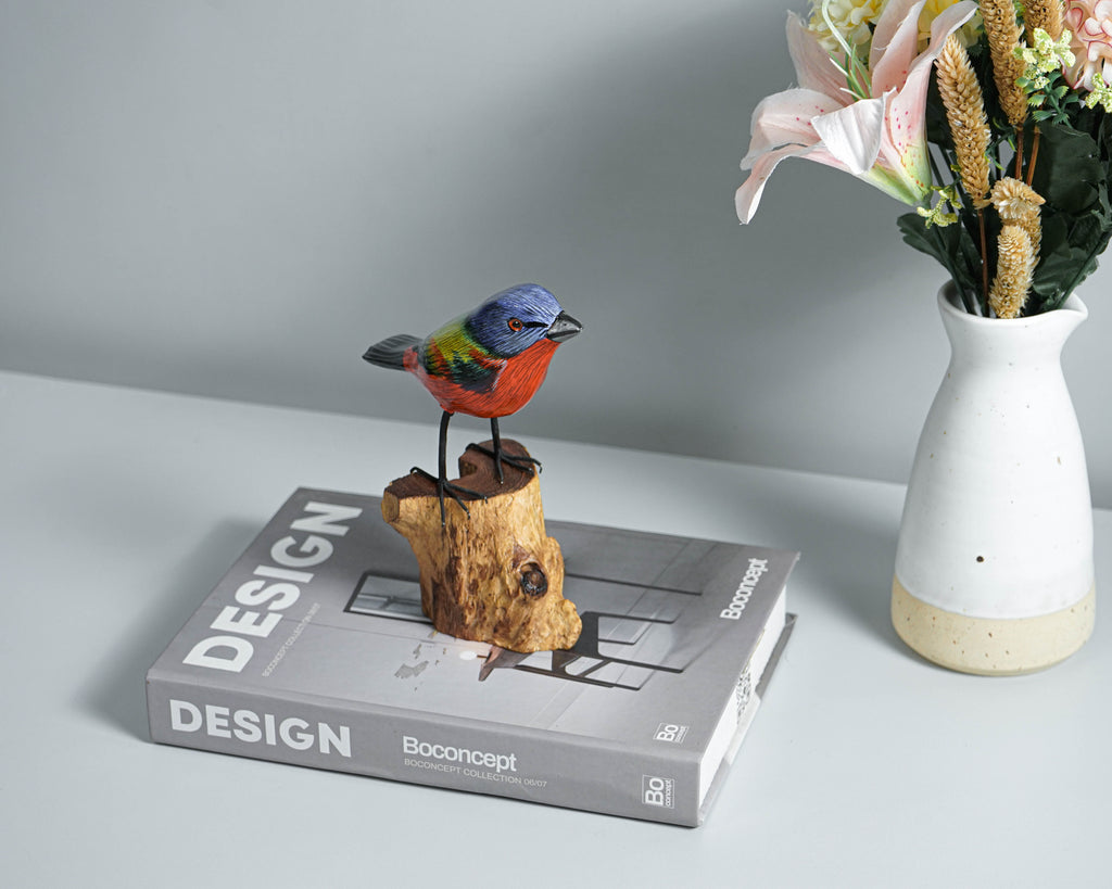 Birds On Branches Statue, Painted Wood Carving, Color Wooden Bird, Handcrafted, Animal Statue, Life-like, Birthday Gifts, Memorial Gift