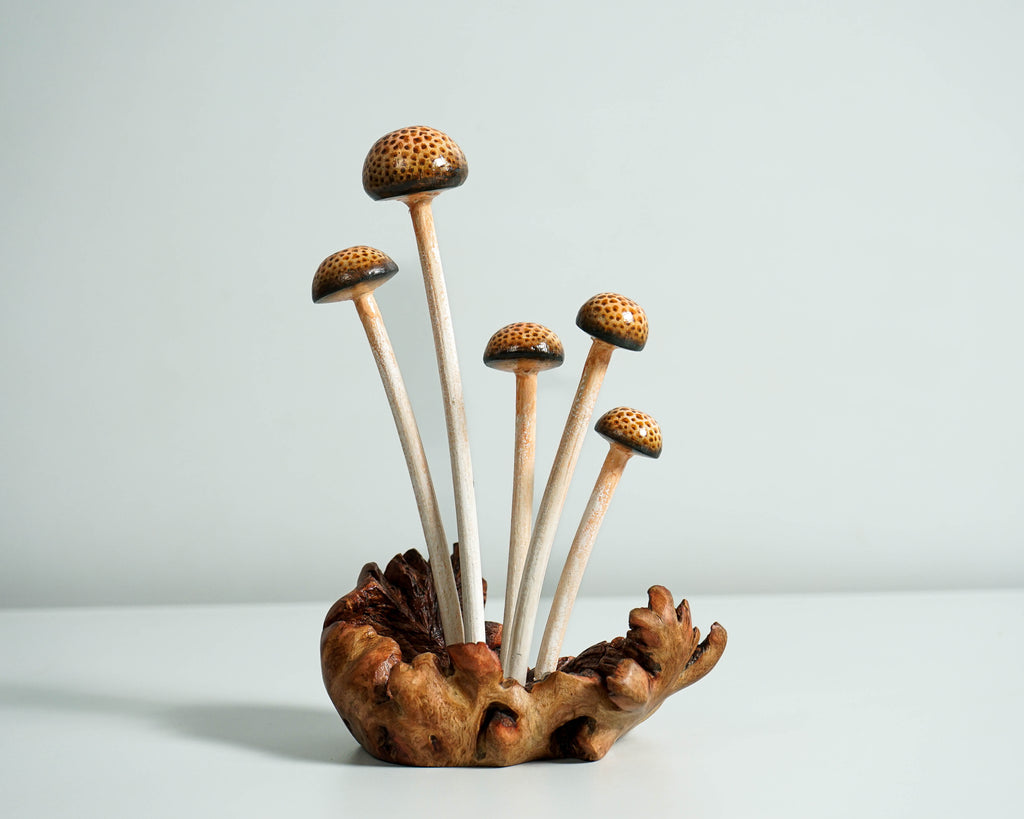 Enoki Mushroom Sculpture 7in Tall Hand-Carved Brown Wooden Forest Art