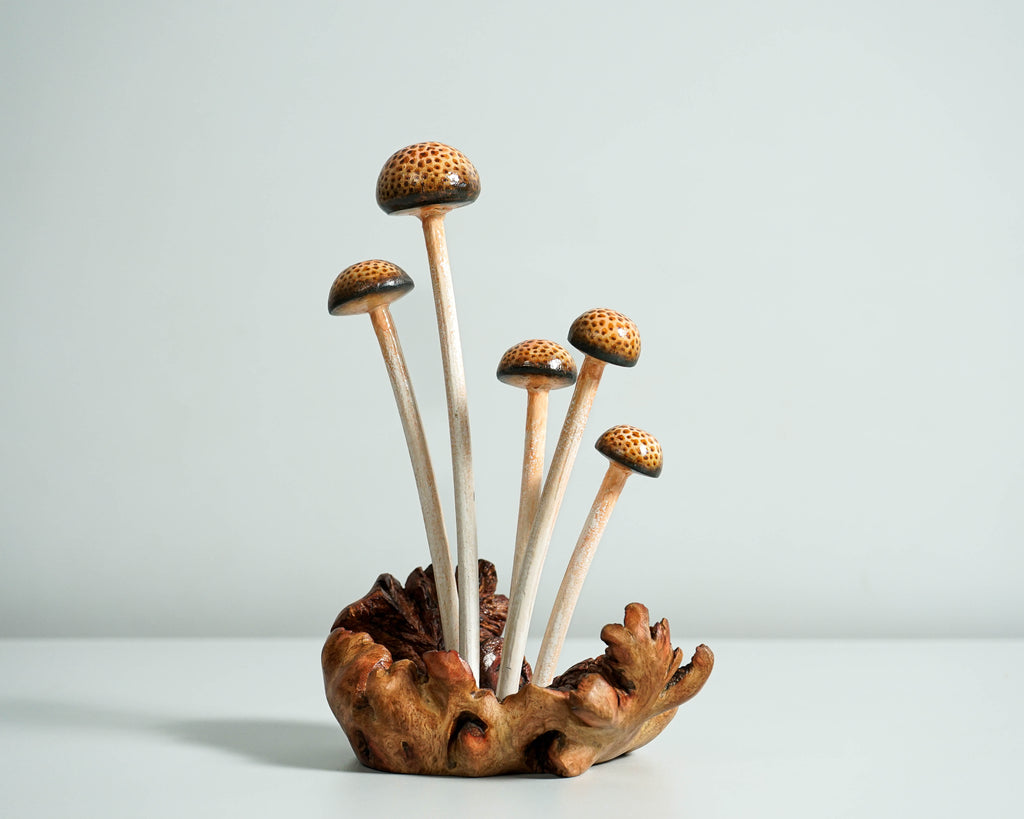 Enoki Mushroom Sculpture 7in Tall Hand-Carved Brown Wooden Forest Art