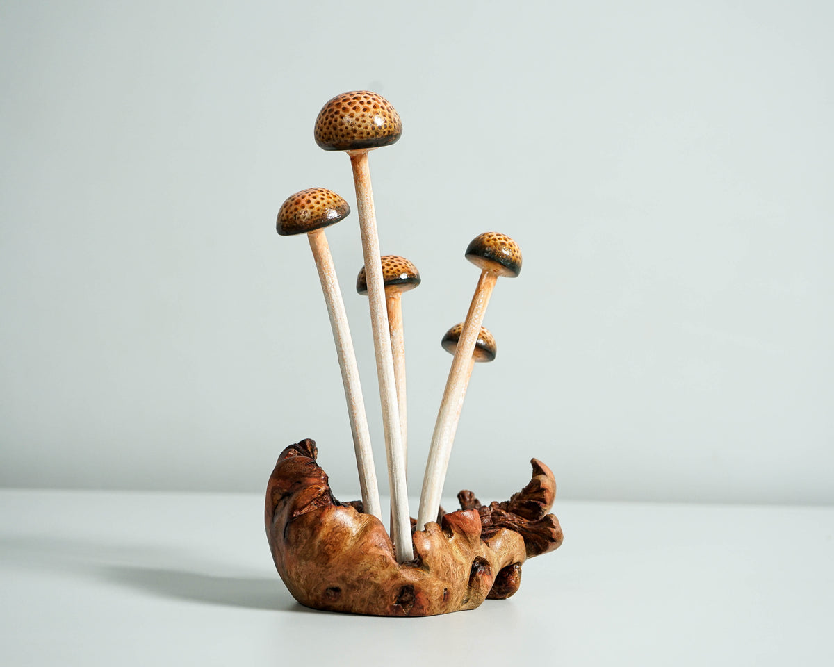 Enoki Mushroom Sculpture 7in Tall Hand-Carved Brown Wooden Forest Art