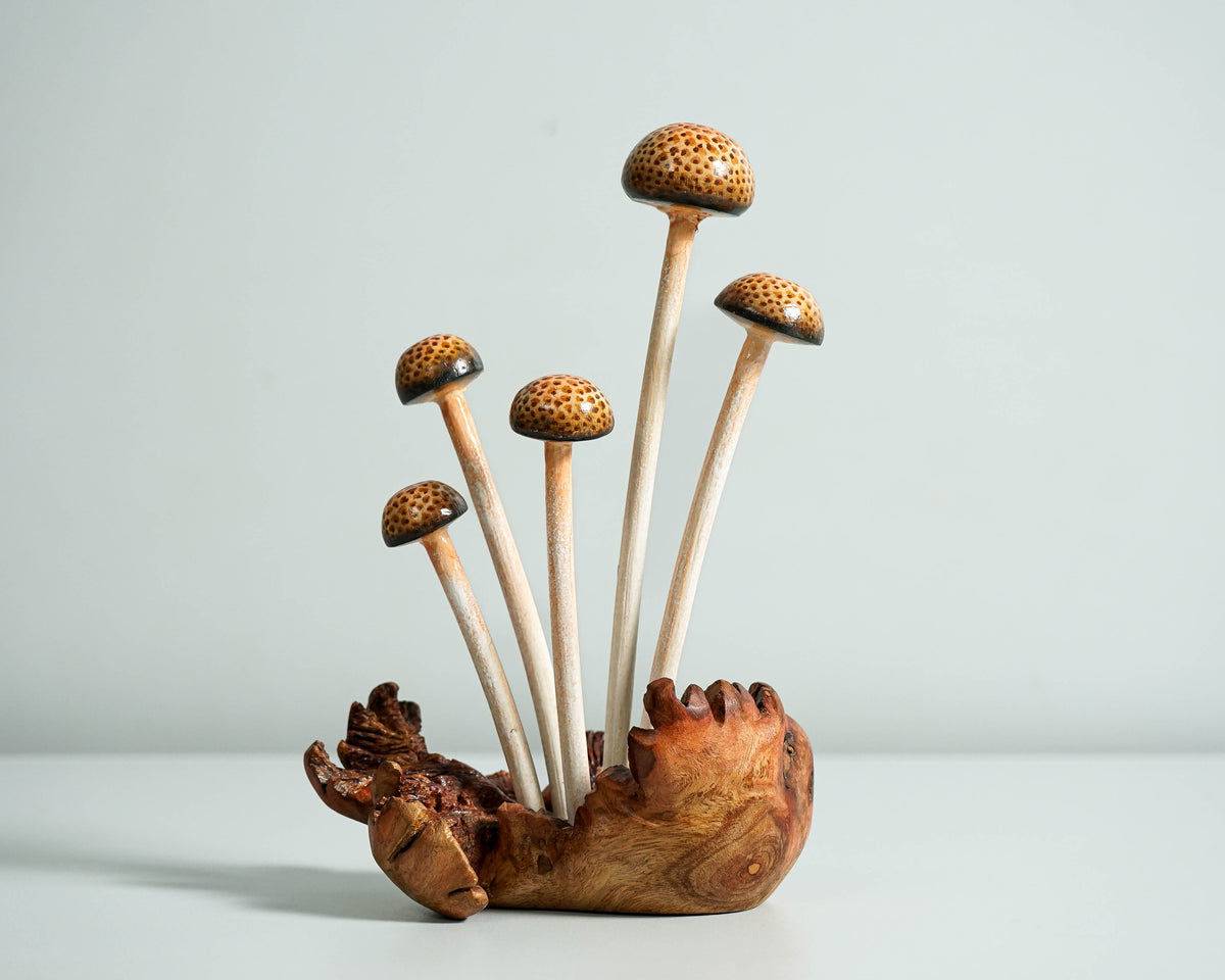 Enoki Mushroom Sculpture 7in Tall Hand-Carved Brown Wooden Forest Art