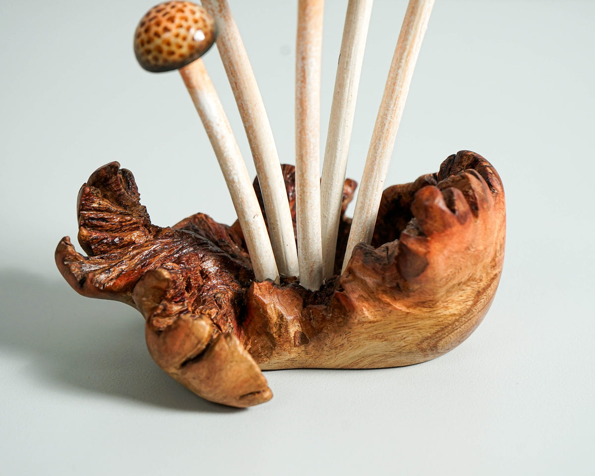 Enoki Mushroom Sculpture 7in Tall Hand-Carved Brown Wooden Forest Art