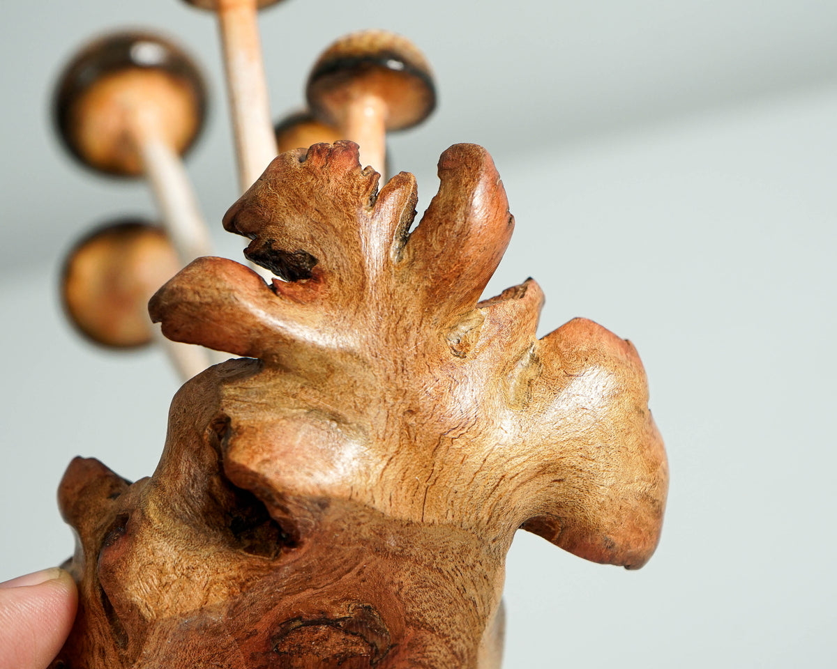 Enoki Mushroom Sculpture 7in Tall Hand-Carved Brown Wooden Forest Art