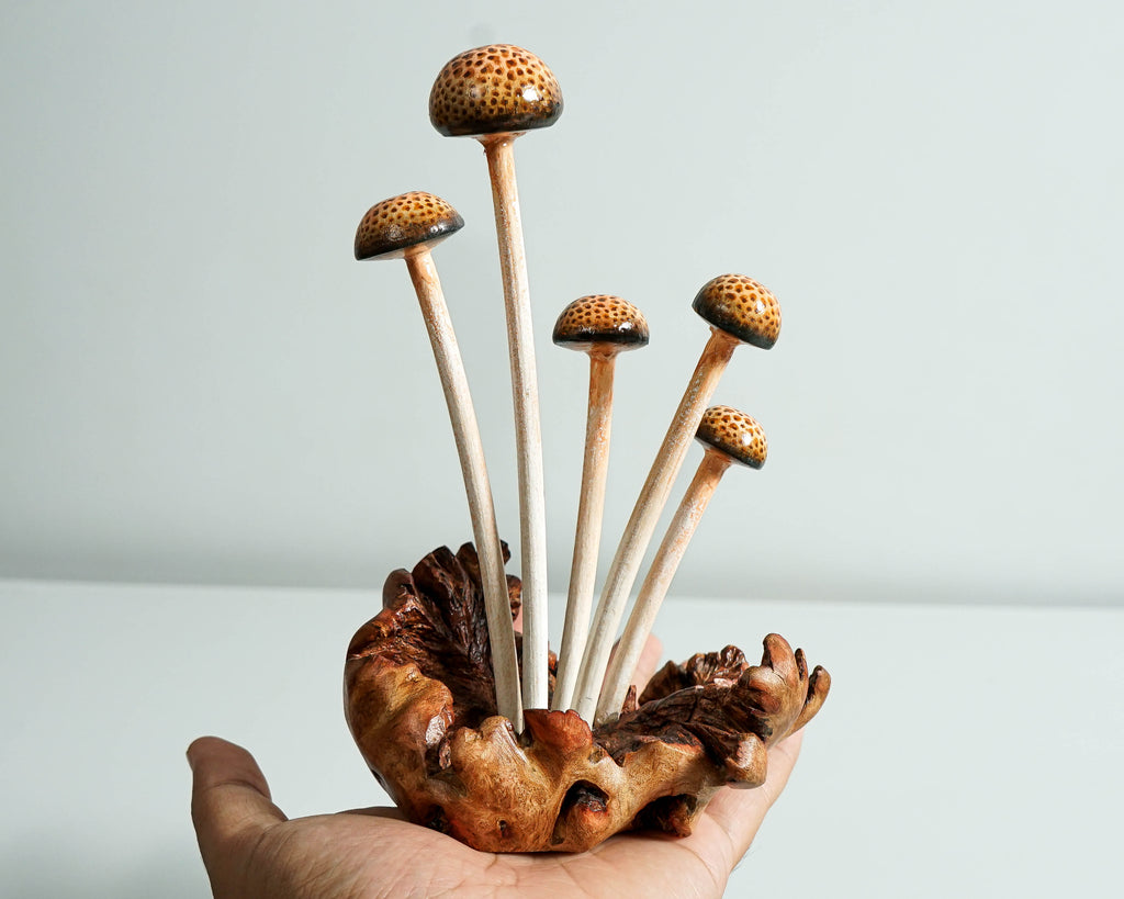 Enoki Mushroom Sculpture 7in Tall Hand-Carved Brown Wooden Forest Art
