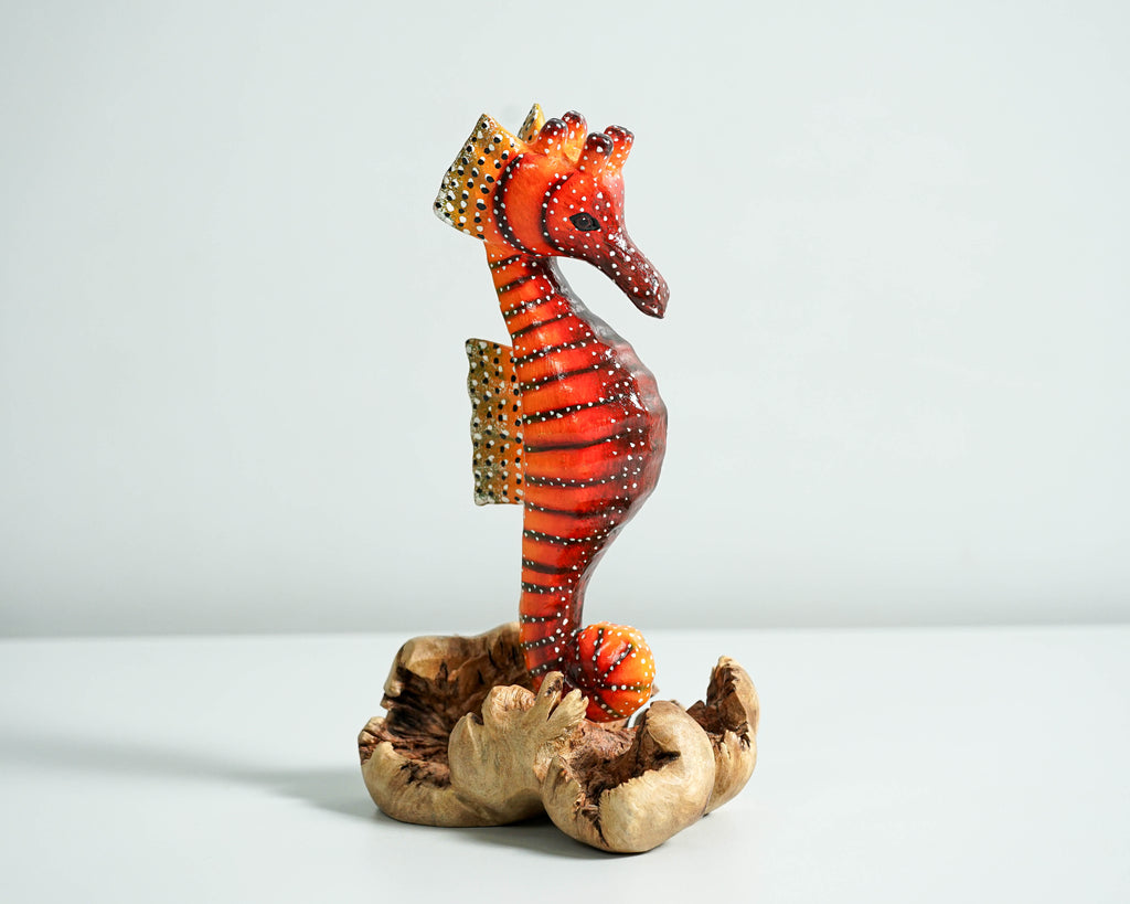 Red Seahorse Sculpture, Wood Carving, Ocean, Woodland, Hand-painted Figurine, Nautical, Handcrafted Decor, Apartment Decor, Gift for Her