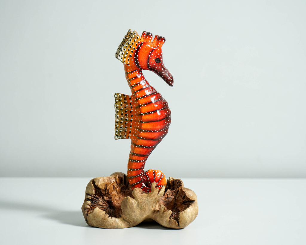 Red Seahorse Sculpture, Wood Carving, Ocean, Woodland, Hand-painted Figurine, Nautical, Handcrafted Decor, Apartment Decor, Gift for Her