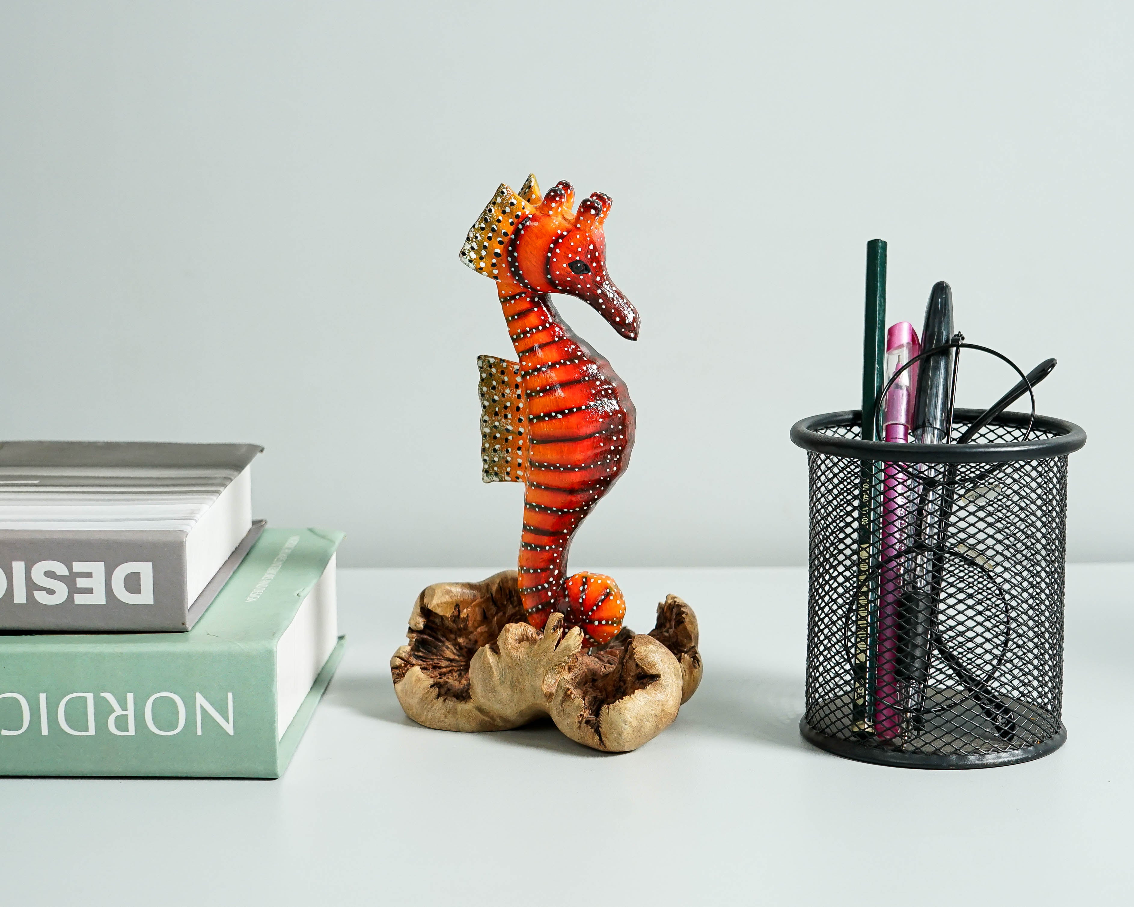 Red Seahorse Sculpture, Wood Carving, Ocean, Woodland, Hand-painted Figurine, Nautical, Handcrafted Decor, Apartment Decor, Gift for Her