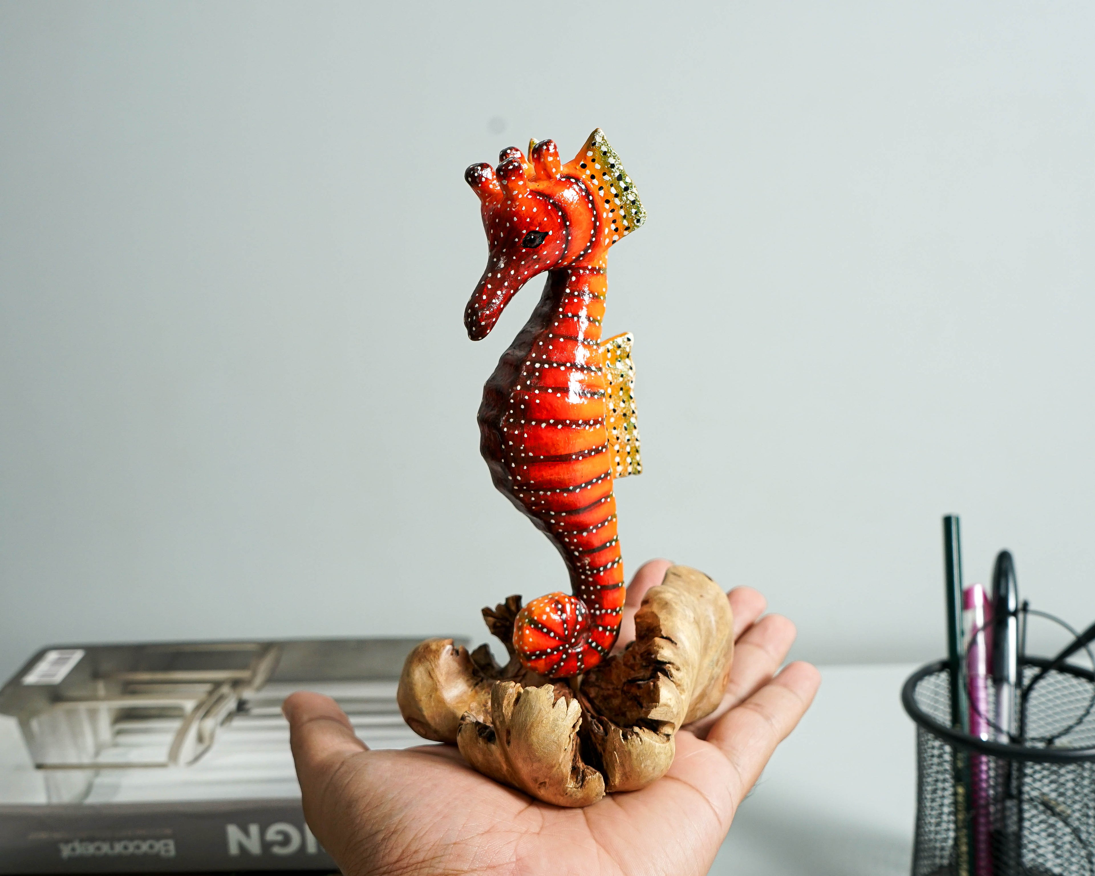 Red Seahorse Sculpture, Wood Carving, Ocean, Woodland, Hand-painted Figurine, Nautical, Handcrafted Decor, Apartment Decor, Gift for Her