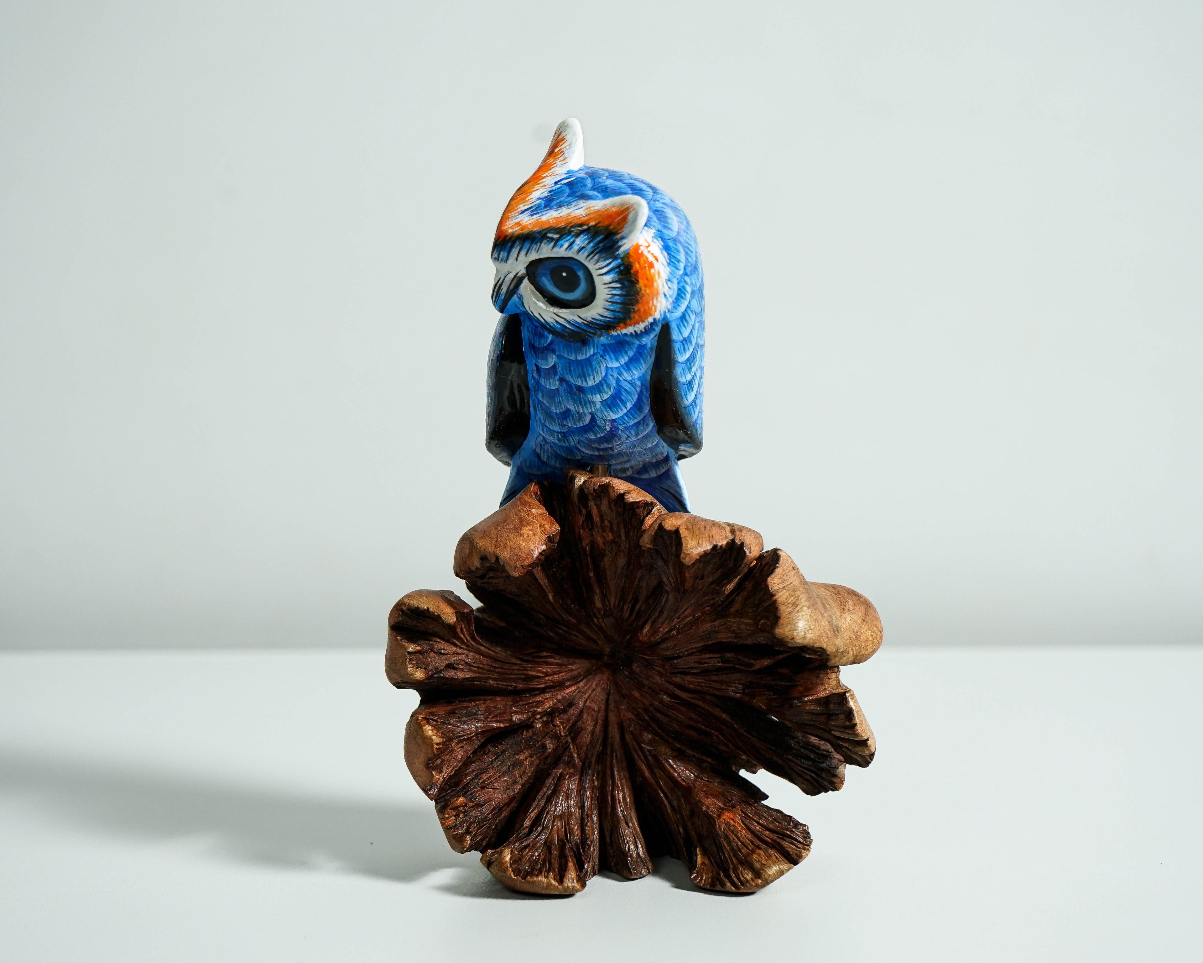 Blue Owl on a Tree Branch, Painted Figurine, Colorful Art, Wooden Ornament, Unique Sculpture, Handpainted, Office Decor, Grandfather Gift
