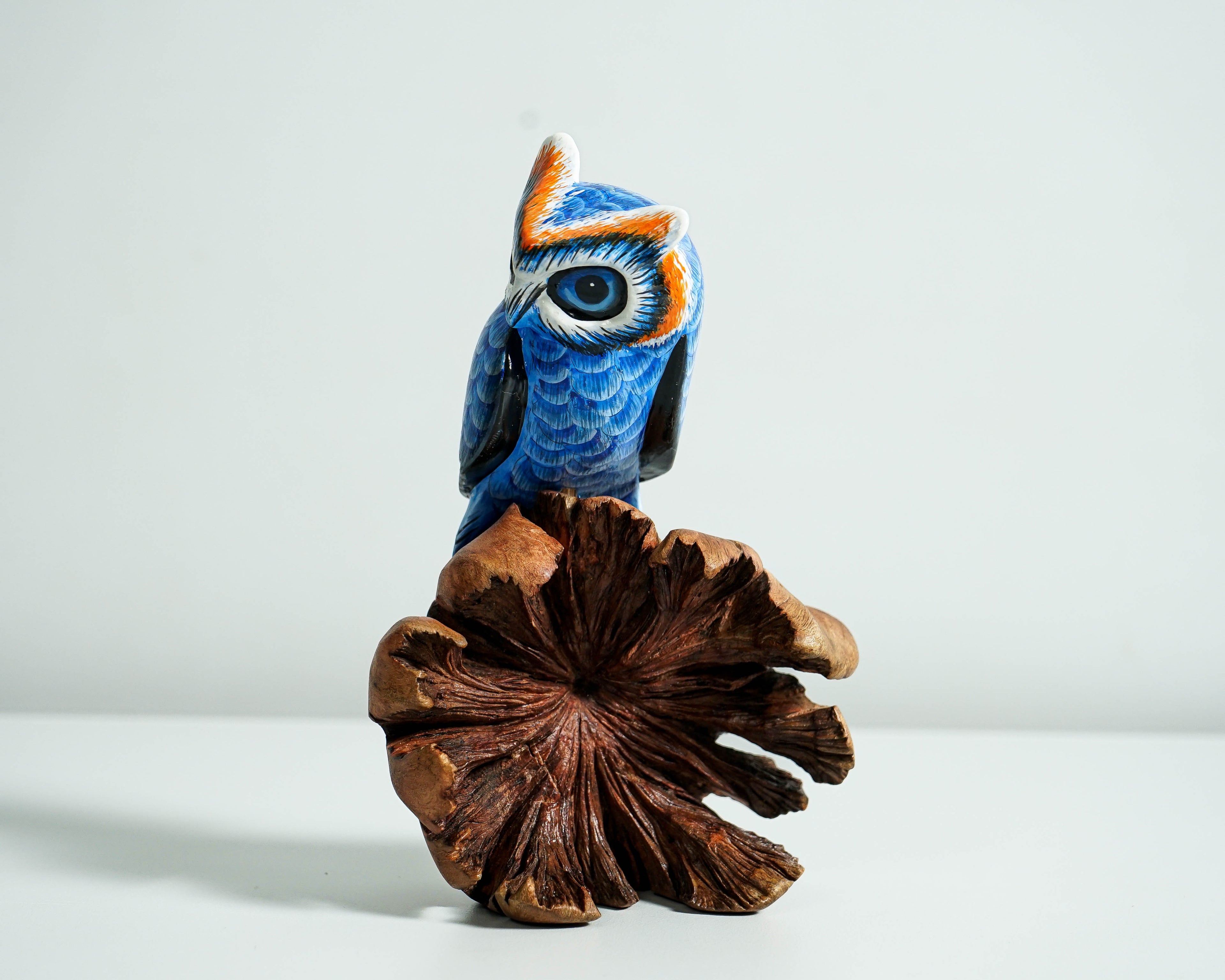 Blue Owl on a Tree Branch, Painted Figurine, Colorful Art, Wooden Ornament, Unique Sculpture, Handpainted, Office Decor, Grandfather Gift