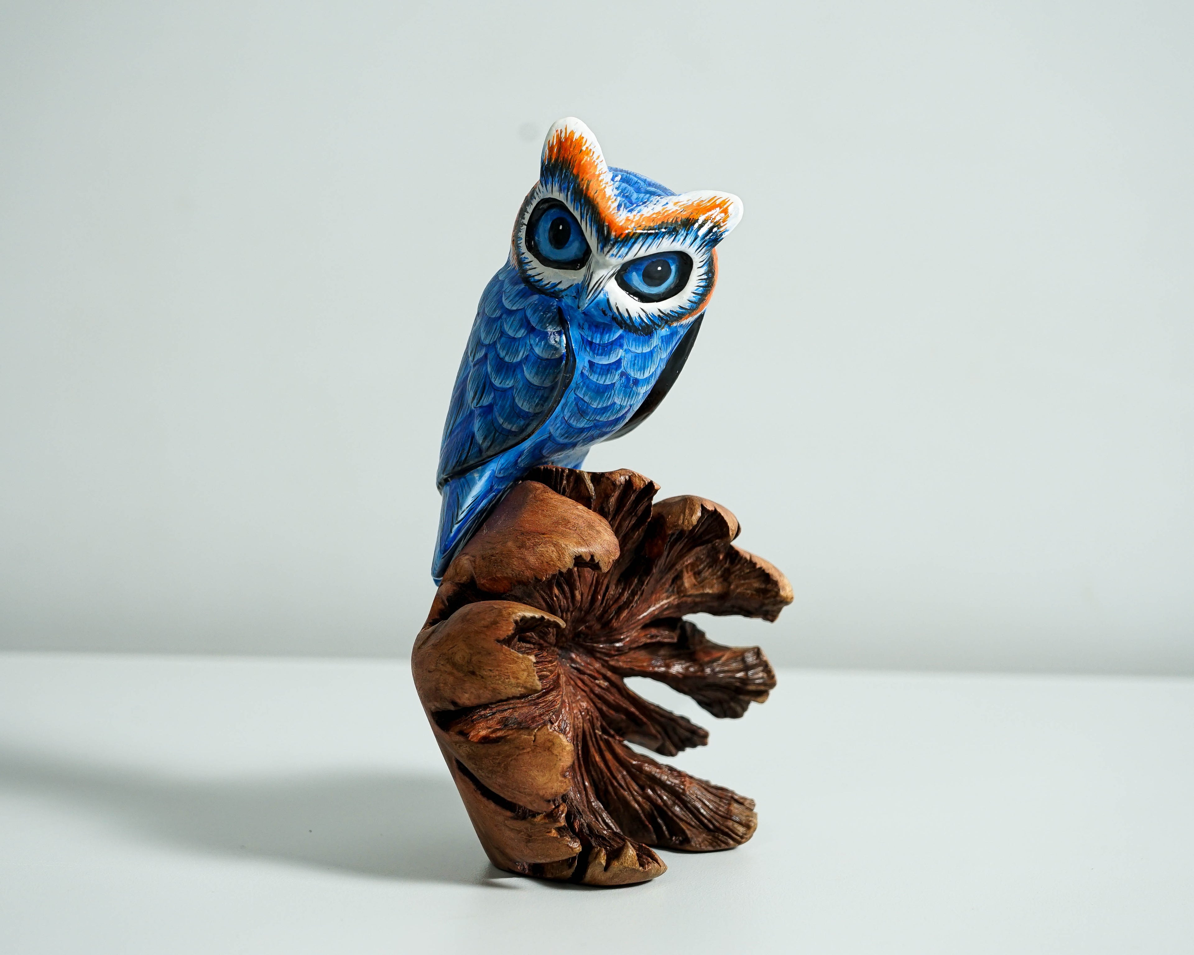 Blue Owl on a Tree Branch, Painted Figurine, Colorful Art, Wooden Ornament, Unique Sculpture, Handpainted, Office Decor, Grandfather Gift