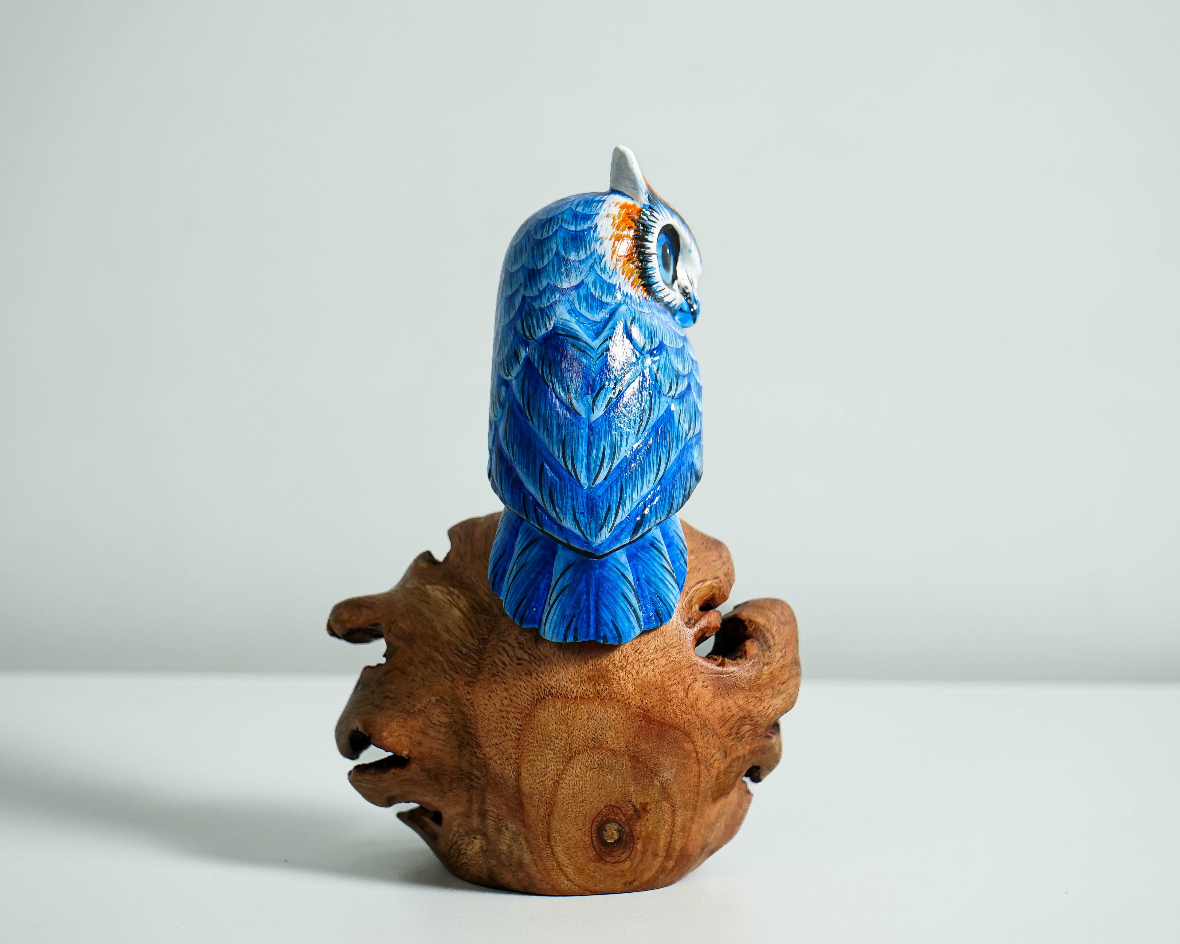Blue Owl on a Tree Branch, Painted Figurine, Colorful Art, Wooden Ornament, Unique Sculpture, Handpainted, Office Decor, Grandfather Gift