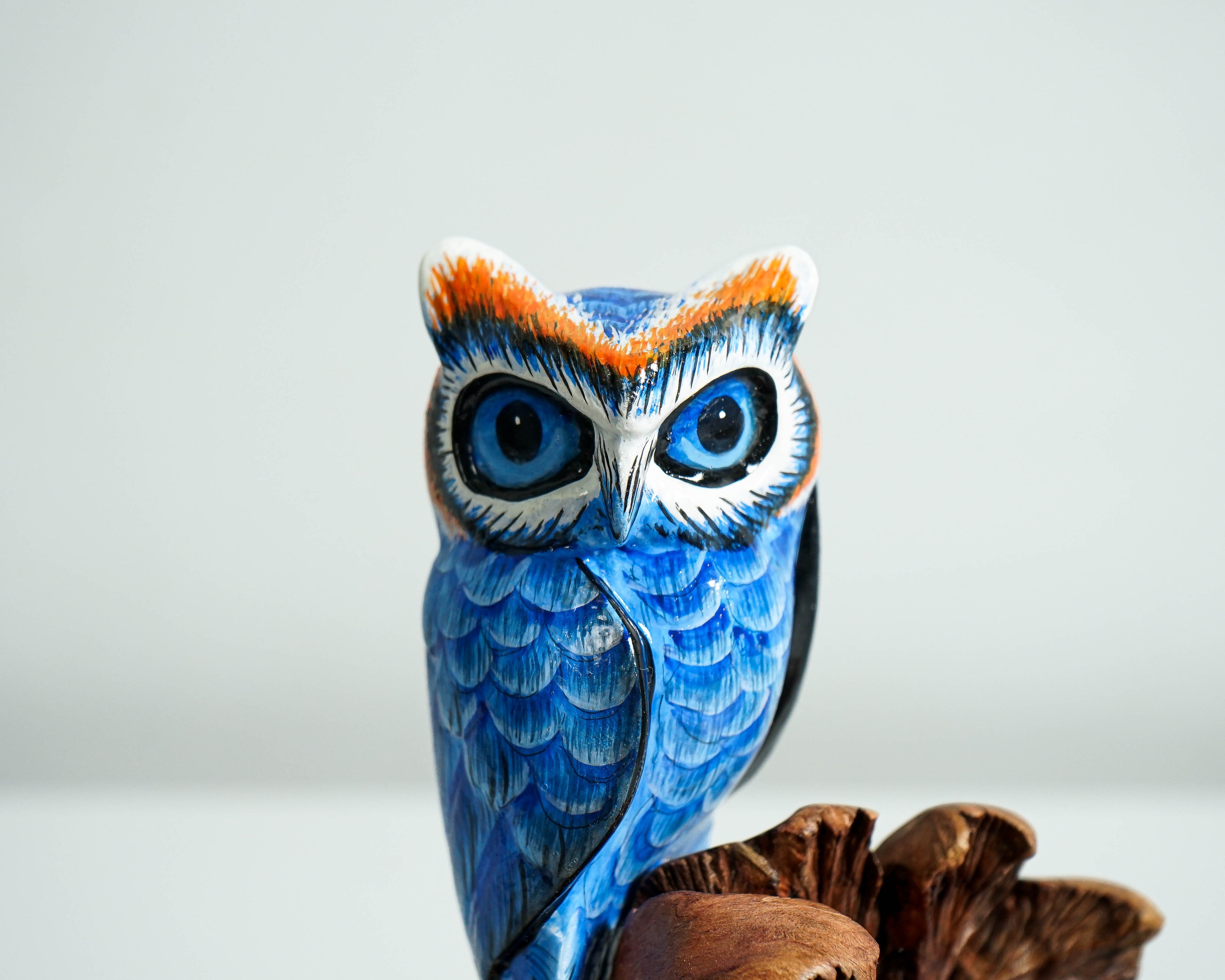 Blue Owl on a Tree Branch, Painted Figurine, Colorful Art, Wooden Ornament, Unique Sculpture, Handpainted, Office Decor, Grandfather Gift