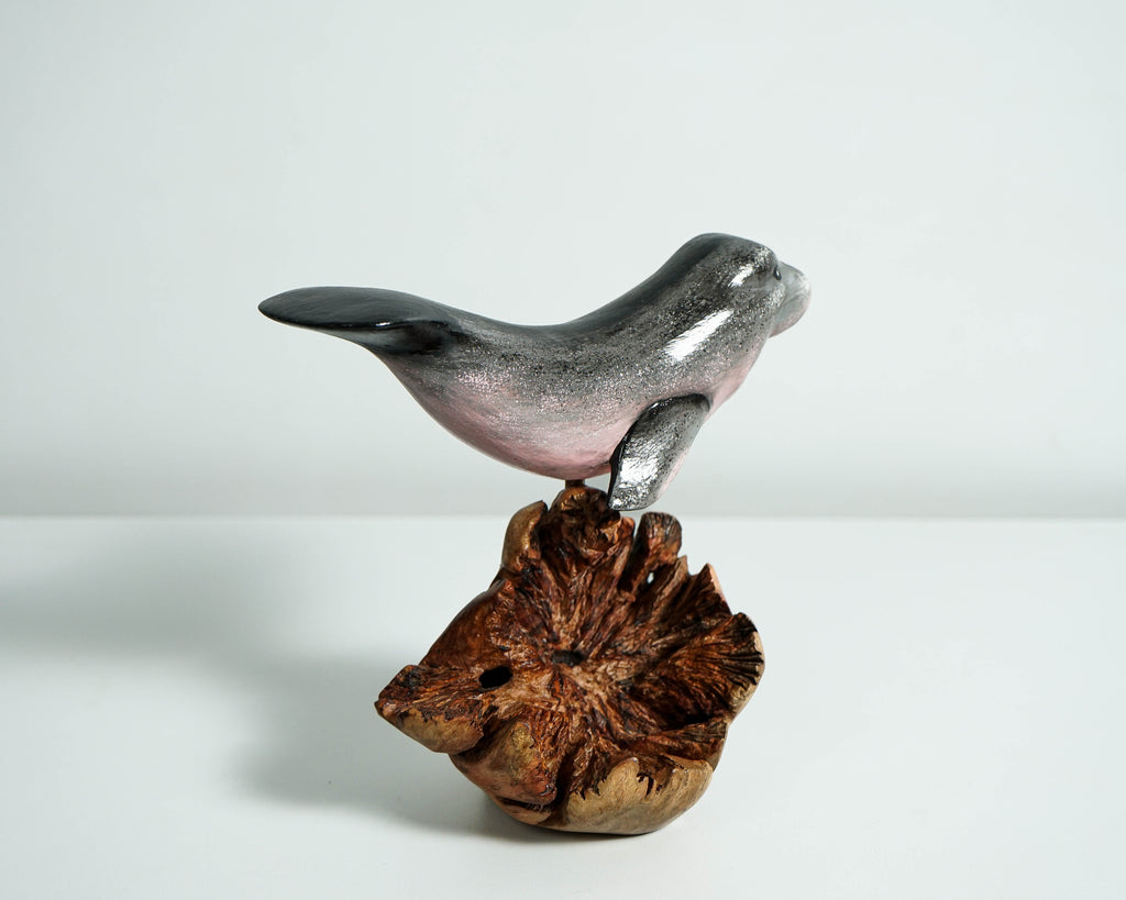 Gray Manatee Sculpture, Wood Carving, Hand-painted Figurine, Nautical, Marine Life, Artwork, Handcrafted, Apartment Decor, Grandma Gift