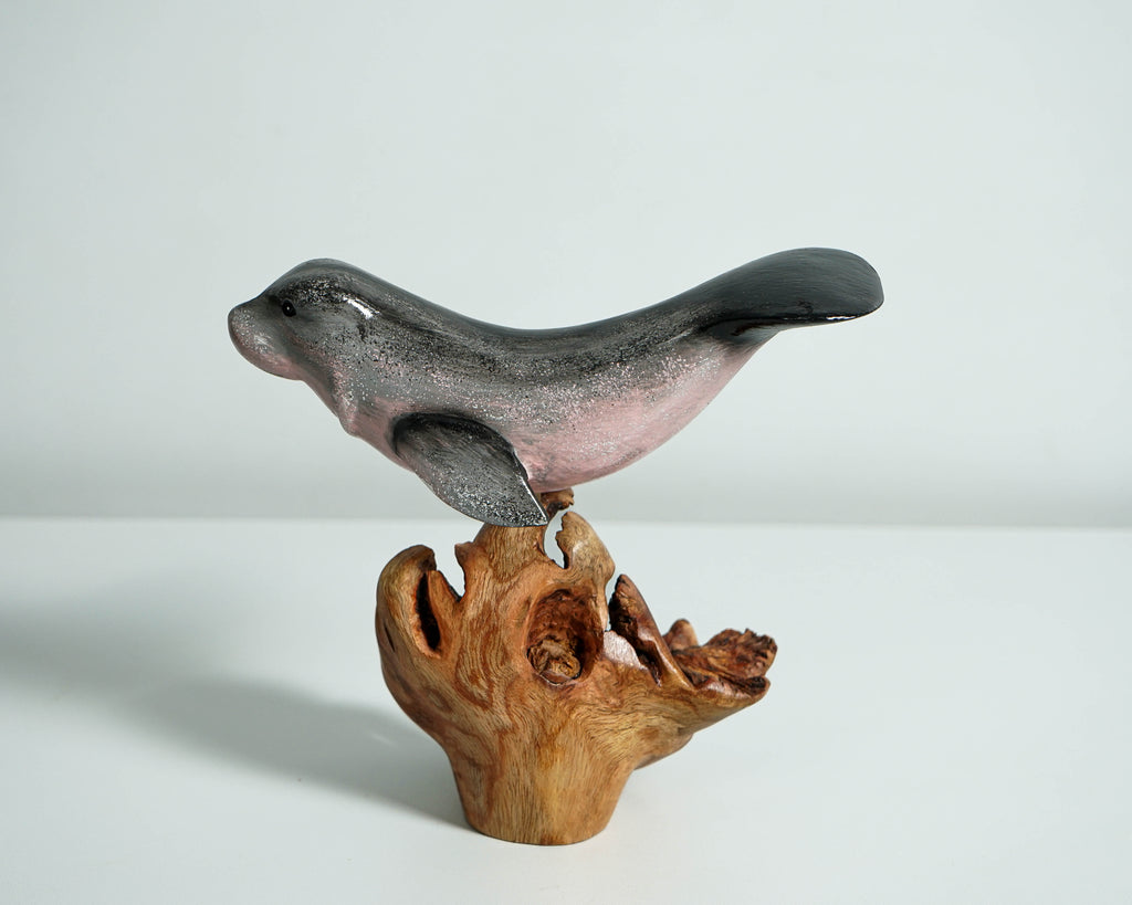 Gray Manatee Sculpture, Wood Carving, Hand-painted Figurine, Nautical, Marine Life, Artwork, Handcrafted, Apartment Decor, Grandma Gift