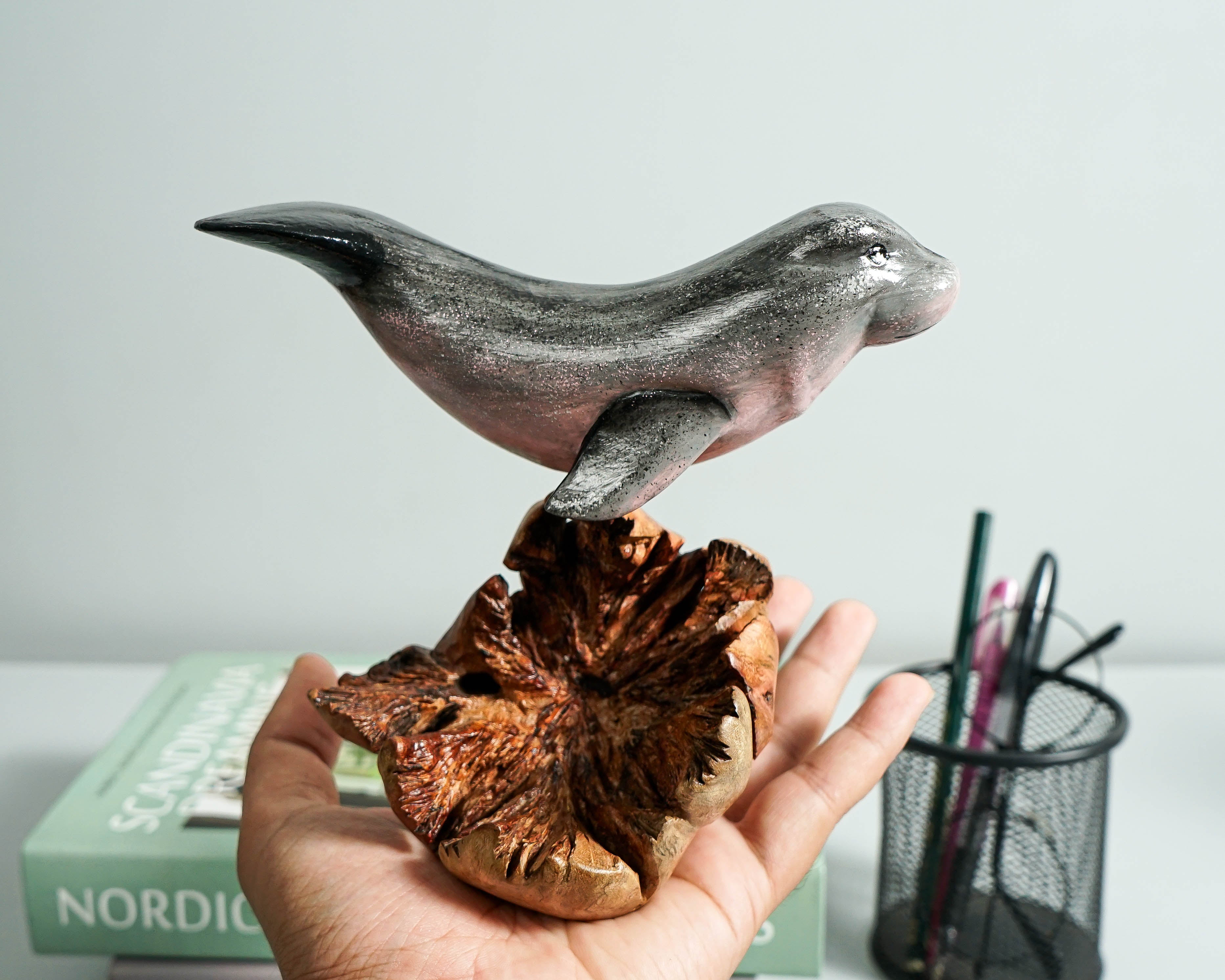 Gray Manatee Sculpture, Wood Carving, Hand-painted Figurine, Nautical, Marine Life, Artwork, Handcrafted, Apartment Decor, Grandma Gift