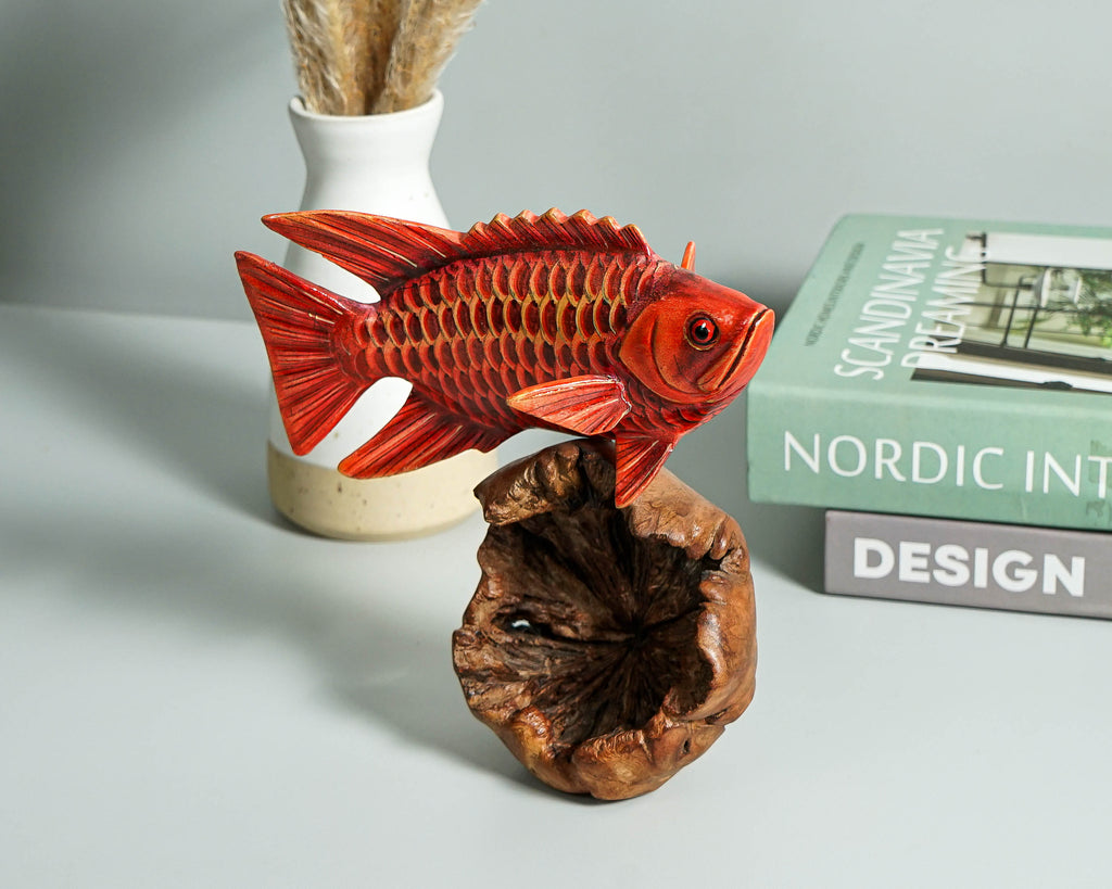 Red Fish Sculpture, Wooden Art, Painted Wooden Animal, Sculpture, Handmade Statue, Colorful Art, Unique Fish, Ocean Decor, Best Friend Gift