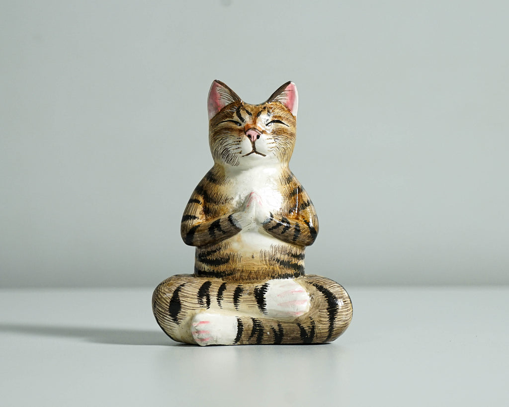 Yoga Meditation Cat Sculpture, Wooden Animal Statue, Wood Carving, Decorative, Handcrafted, Handmade Figurine, Room Decor, Special Gift