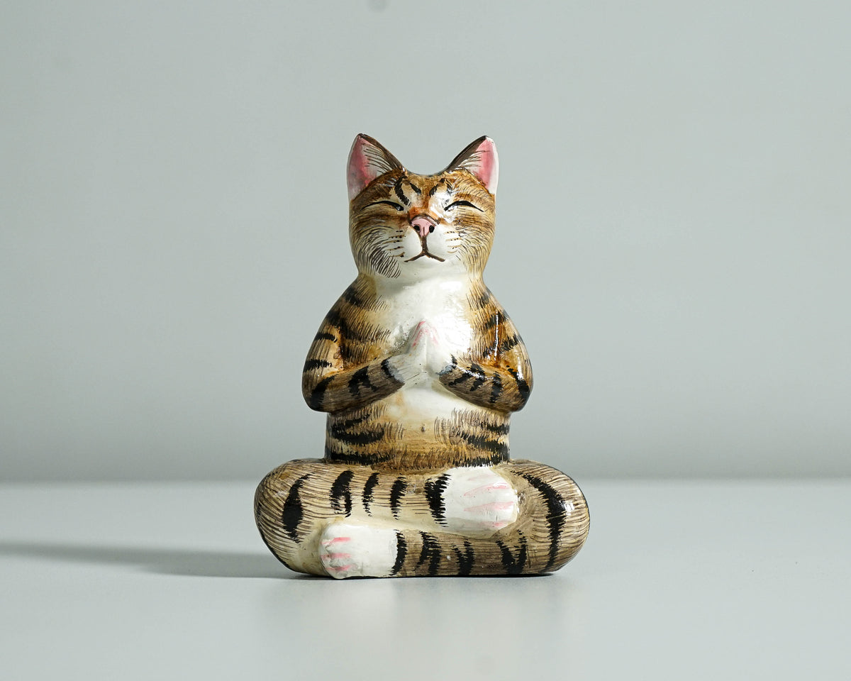 Yoga Meditation Cat Sculpture, Wooden Animal Statue, Wood Carving, Decorative, Handcrafted, Handmade Figurine, Room Decor, Special Gift