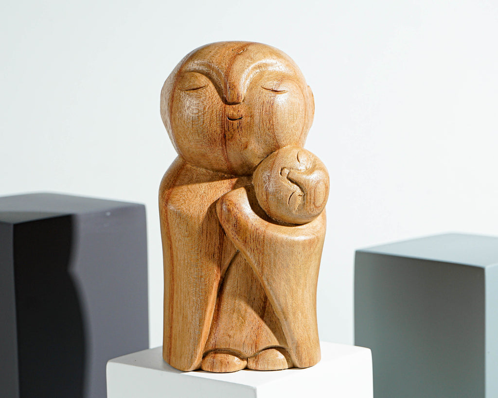 Mother and Son Jizo Statue, Buddha Sculpture, Wood Figurine, Wooden Jizo, Office Decor, Handcrafted Gift, Table Decoration, New Mom Gift