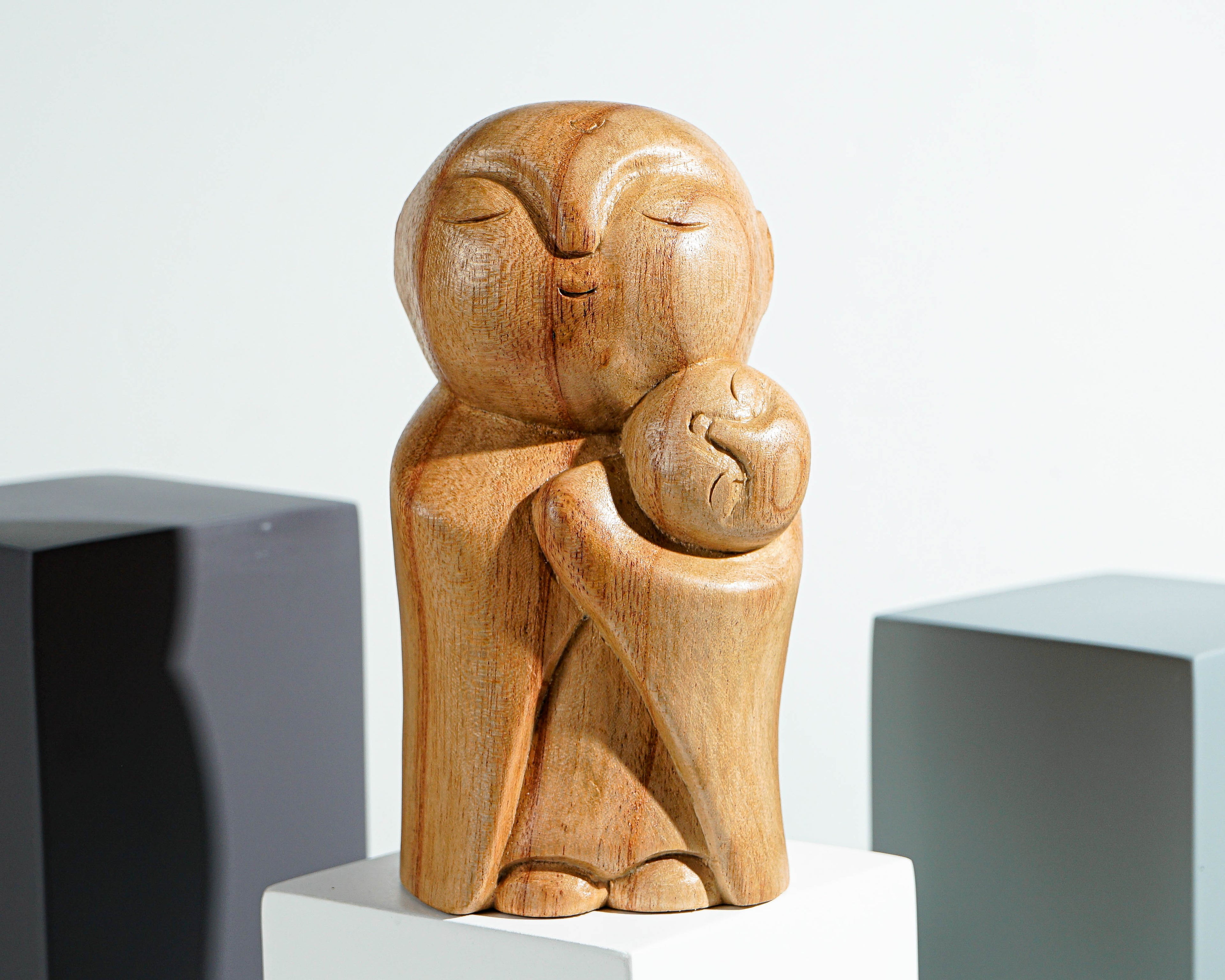 Mother and Son Jizo Statue, Buddha Sculpture, Wood Figurine, Wooden Jizo, Office Decor, Handcrafted Gift, Table Decoration, New Mom Gift