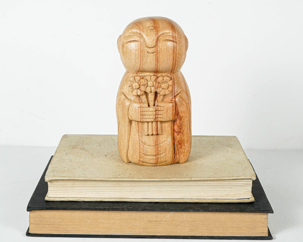 Holding Flower Jizo Statue, Buddha Sculpture, Wood Figurine, Meditation, Wooden Jizo, Antique, Home Decor, Spiritual Decor, Anniversary Gift