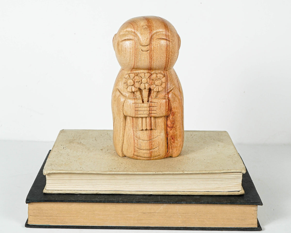 Holding Flower Jizo Statue, Buddha Sculpture, Wood Figurine, Meditation, Wooden Jizo, Antique, Home Decor, Spiritual Decor, Anniversary Gift