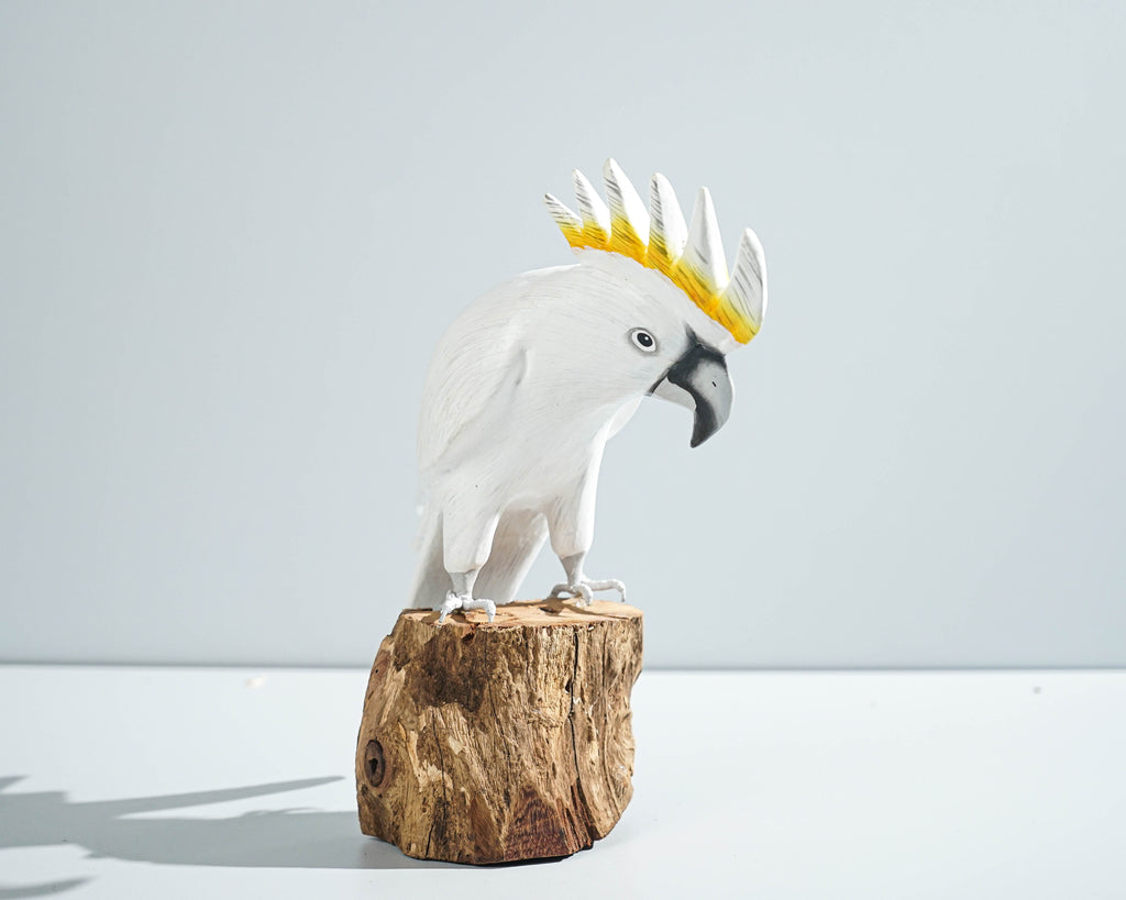 Sulphur-Crested Cockatoo Sculpture 8.7in Tall Hand-Carved Tropical Bird Art Decor