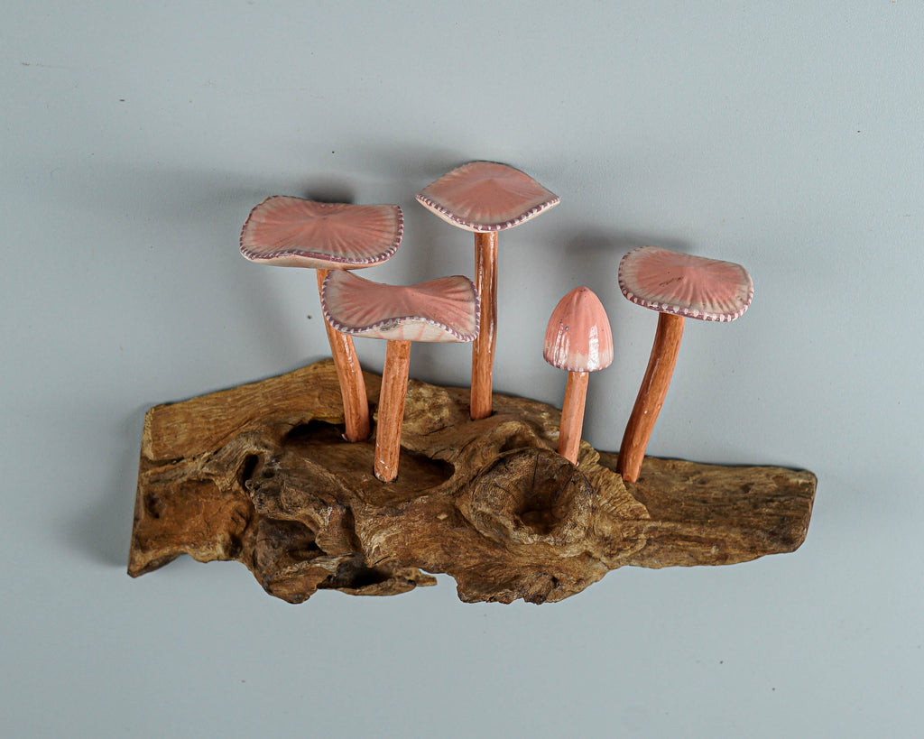 Pink Hanging Fairy Mushroom Sculpture 7in Length Hand-Carved Woodland Wall Art