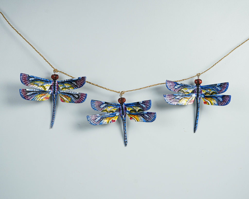 Blue Dragonfly Garland, Wall Decor, Insect, Exotic, Wood Carving, Garden, Hand-painted Figurine, Summer, Living Room Decor, Mother Loss Gift